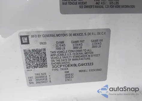 2020 Chevrolet Silverado 1500 4Wd Short Bed Lt z USA, uszkodzony, nr VIN 3GCPYDEK0LG443323